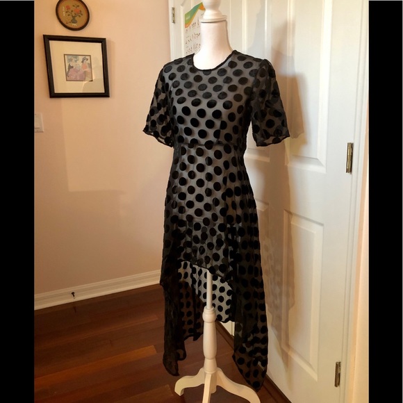 Zara Black Sheer Velvet Polka Dot High Low Dress SZ S